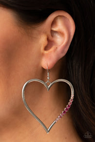 "Bewitched Kiss" Silver Metal Multi Color Rhinestone Heart Hoop Dangle Earrings