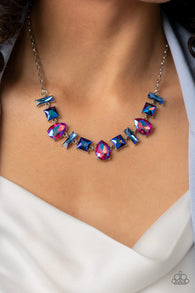 "Interstellar Ice" Silver Metal & Blue/Pink Iridescent Rhinestone Multi Shape Necklace Set