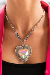 "Heart Full of Fabulous" Silver Metal Large Multi Iridescent Rhinestone Heart Necklace Set