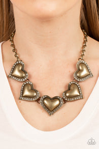 "Kindred Hearts" Brass Metal & Puffy Halo White Rhinestone Heart Necklace Set
