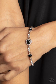 "Amor Actually" Silver Metal & Black & White Rhinestone Multi Heart Clasp Bracelet