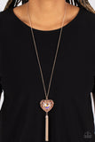 "Prismatic Passion" Gold Metal & Multi Peach Iridescent Heart Tassel Necklace Set