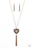 "Prismatic Passion" Copper Metal & Multi Peach Iridescent Heart Tassel Necklace Set