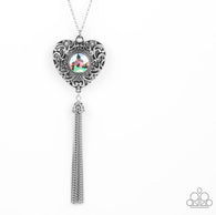 "Prismatic Passion" Silver Metal & Green Iridescent Heart Tassel Necklace Set