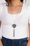 "Prismatic Passion" Silver Metal & Green Iridescent Heart Tassel Necklace Set