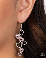 "Sweetheart Serenade" Silver Metal & Pink Rhinestone Multi Heart Dangle Earrings