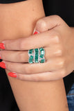 "Six-Figure Flex" Silver Metal & Multiple Green Emerald Cut Rhinestones Elastic Ring