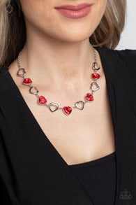 "Contemporary Cupid" Silver Metal & Red Rhinestone Hearts Necklace Set