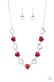 "Contemporary Cupid" Silver Metal & Red Rhinestone Hearts Necklace Set