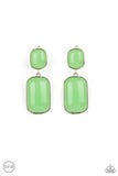 "Meet Me At The Plaza" Silver Metal & Green Stone Dangle Clip-On Earrings