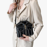 Faux PU Leather Zipper, Collar, Pocket & Hanger Accented Shirt Style Shoulder Bag in Black