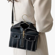 Faux PU Leather Zipper, Collar, Pocket & Hanger Accented Shirt Style Shoulder Bag in Black