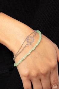 "A Lotus Like This" Silver Metal, Lotus Flower & Green Crystal Multi Strand Bracelet