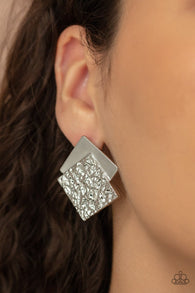 "Square With Style" Silver Metal High Polish & Hammered Textured Post Earrings