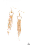 "Pass The Glitter" Gold Metal & White Rhinestone Circle Tassel Earrings