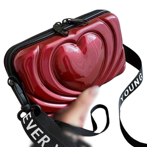 Hardshell Light Weight Suitcase Heart Design, Double Zippered Crossbody Bag in Burgandy Red