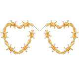 Edgy Gothic Barbed Wire Thorn Heart Post Hoop Earrings in GOLD