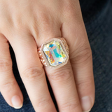"Galaxy Goddess" Rose Gold Metal & Emerald Cut Iridescent Rhinestone Elastic Ring