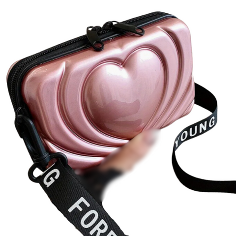 Hardshell Light Weight Suitcase Heart Design, Double Zippered Crossbody Bag in Light Pink