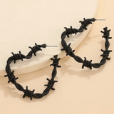 Edgy Gothic Barbed Wire Thorn Heart Post Hoop Earrings in BLACK