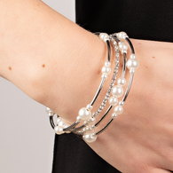 "Marina Masterpiece" White Pearls & Rhinestone with Silver Bars Flexible COIL Bracelet.