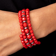 "It's a Vibe" Red Faceted & Silver Beaded Flexible COIL Bracelet.