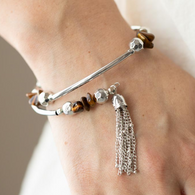 "Mineral Mosaic" Silver Beads & Bars Mixed with Tiger's Eye Stones Flexible COIL Tassel Bracelet
