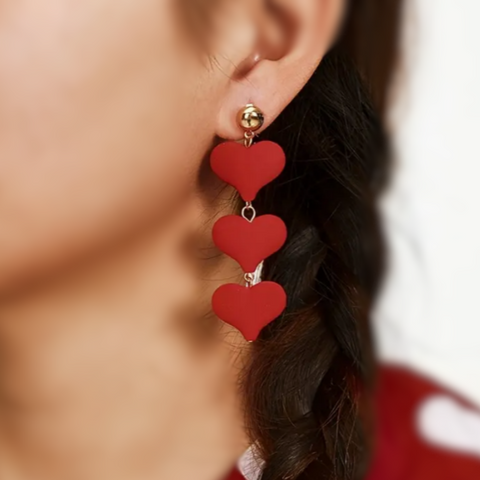 A Stunning Pair of Soft to the Touch Velvet Triple Heart Dangle Drop Earrings in RED or BLACK