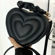 Black Stitched Heart Novelty Handbag/Crossbody Bag with Ruffled Accent Handle