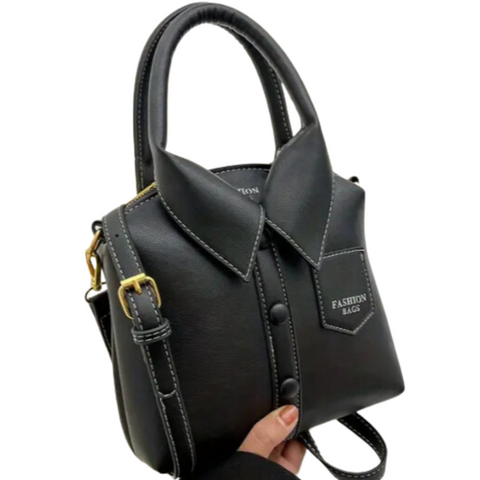 Faux PU Leather with a Buttoned & Collared Accented Shirt Style Bag in BLACK