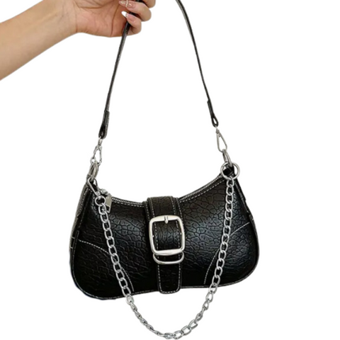 Baguette Handbag Textured BLACK PU Double Strap Chain/Buckle Detail Stitch Decor Bag