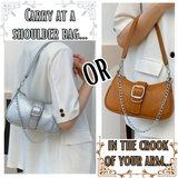 Baguette Handbag BLACK/WHITE Floral Design Double Strap Chain/Buckle Detail Stitch Decor Bag