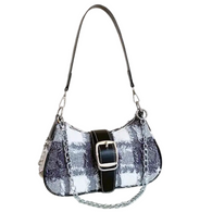 Baguette Handbag BLACK/WHITE Plaid Frayed Edge Design Double Strap Chain/Buckle Detail Decor Stitch