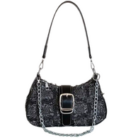 Baguette Handbag BLACK Frayed Edge Square Double Strap Design Chain/Buckle Detail Stitch Decor Bag
