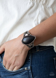 "Blooming Oasis" Silver Metal & Large Black Stone & Feather Detail Cuff Bracelet