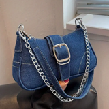 Baguette Handbag DARK BLUE Denim Design Double Strap Chain/Buckle Detail Stitch Decor Bag