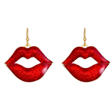 A Steamy Red-Hot Pair of Metallic Red Pair of Lips in a Gold Metal Fishhook Earring