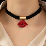 A Sexy and Powerful RED Rhinestone Lips Choker Necklace with Black Velvet/Suede Chain