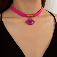 A Sexy and Powerful Pink Rhinestone Lips Choker Necklace with Pink Velvet/Suede Chain