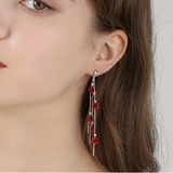 A Long & Sassy Pair of Zircon & Multi Red Rose Flowered Multi Tassel Earrings