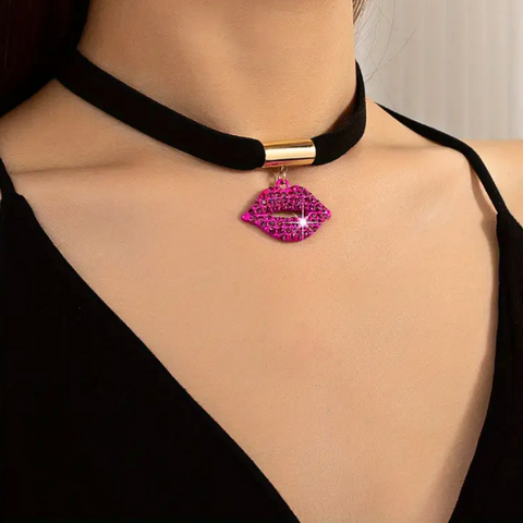 Copy of A Sexy and Powerful Pink Rhinestone Lips Choker Necklace with Black Velvet/Suede Chain