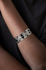 " Hidden Glyphs " Textured Silver Metal And Black Enamel Cuff Bracelet