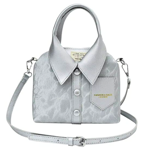 Silver/Metallic PU Leather with a Wave/Marble Pattern in a Novelity Collared Shirt Design