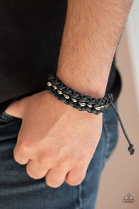 " Motor Pool" Men's Black Leather & Gunmetal Weaved Adjustable Bracelet
