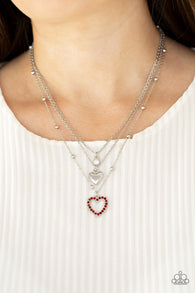 Paparazzi "Never Miss a Beat" Silver Metal Red Rhinestone Heart Layered Necklace Set