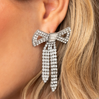 "Just BOW with it" Silver White/Clear Rhinestone Bow Earrings "LIFE OF THE PARTY" August 2023