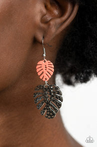 "Palm Tree Cabana" Silver Metal & Acrylic Coral Palm Leaf Dangle Earrings