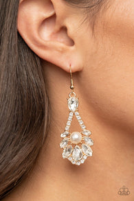 "Prismatic Presence" Gold Metal White Pearl & Clear Rhinestone Dangle Earrings