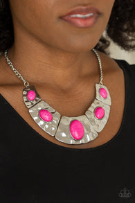 "Ruler in Favor" Silver Chain Pink Crackle Stone Bib Style Necklace Set