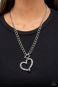 Paparazzi "Reimagined Romance" Silver Metal Textured Heart Toggle Necklace Set